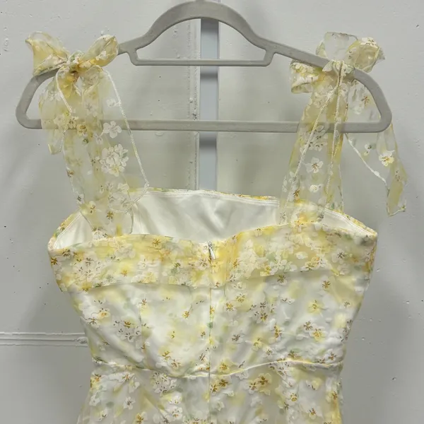 Lucy In The Sky Yellow Floral Tie Shoulder Mini Dress Lace Trim Size M Coquette - Image 5
