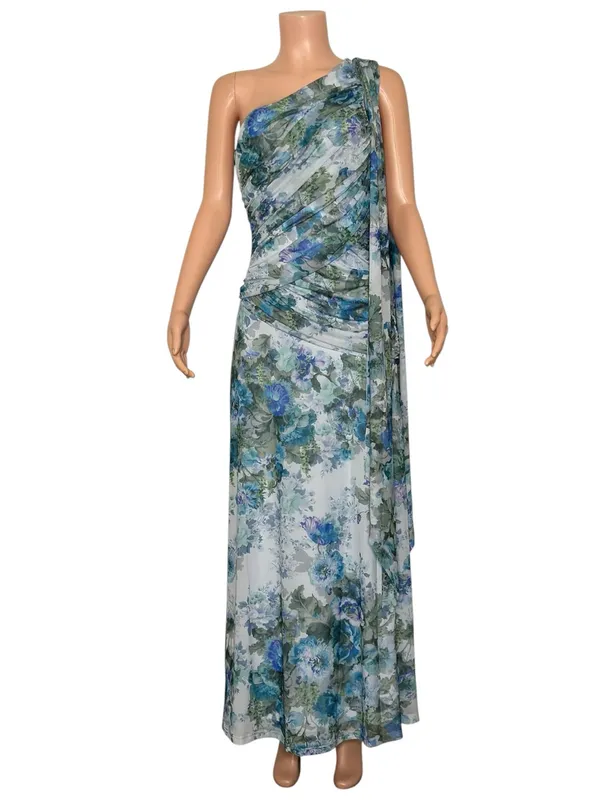 BHLDN One-Shoulder Scarf Maxi Dress, Blue Floral, Medium - Image 3