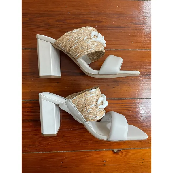 Naked Feet Propriety Raffia Chain Block Heel Sandals Womens 7.5 Ivory - Image 7