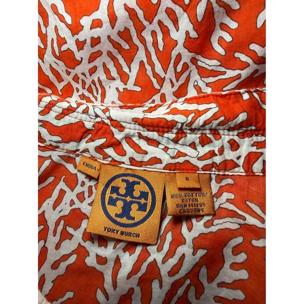 Tory Burch Orange Coral Print Cotton Tunic Top Herringbone Trim Size 8 - Image 7