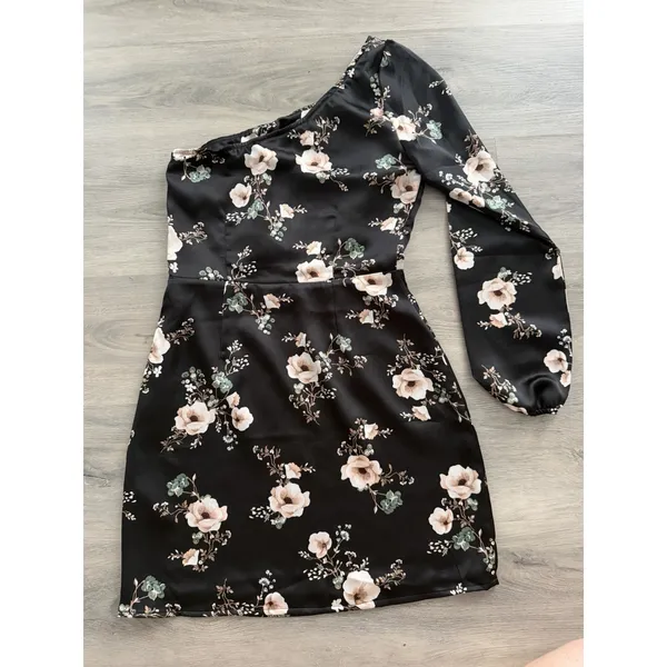 Abercrombie & Fitch Women's One Shoulder Black Satin Floral Mini Dress Size XS - Image 6