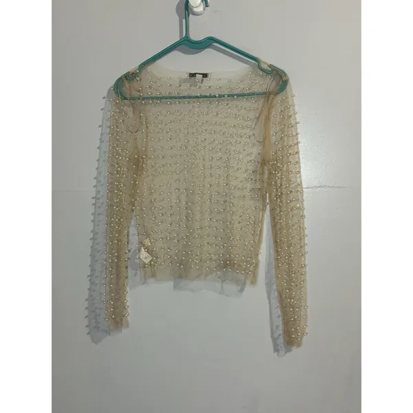 New‎ Haute Monde Transparent Beige Mesh Top with Faux Pearl Size S Festival - Image 7
