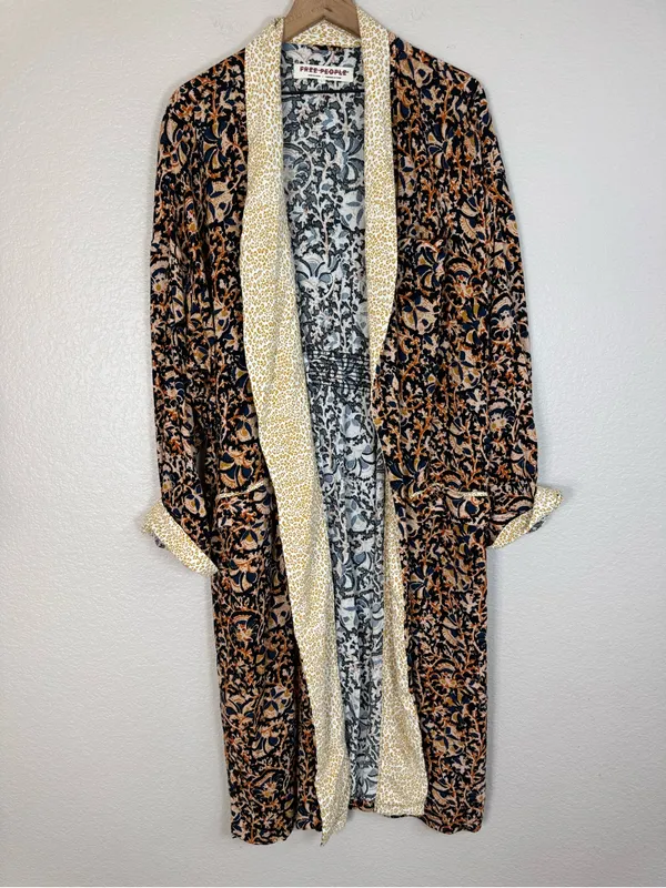 Free People Wild Nights Duster Kimono Black Floral Leopard Combo size Large $168 - Image 4