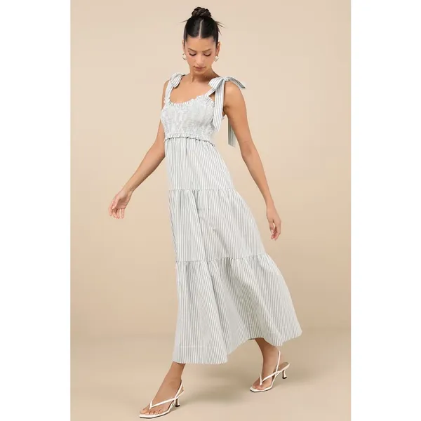 NWT Lulus Bembe Sage Striped Tie-Strap Tiered Maxi Dress Smocked Beachy Size XL - Image 7