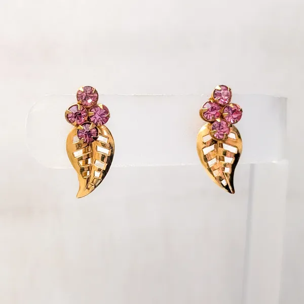 Vintage Screw On Earrings Gold Tone Leaf with Pink Gems Fall Autumn Whimsical - Image 2