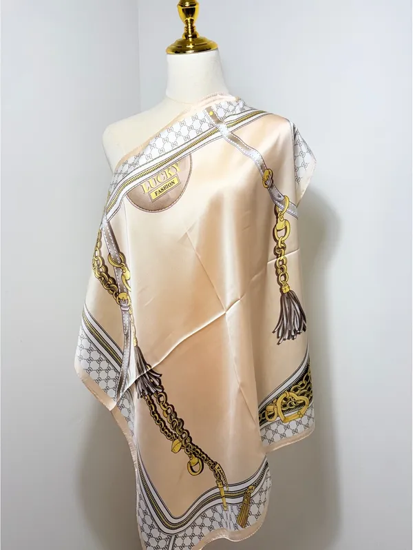 Elegant Beige Square Scarf with Gold Chain and Tassel Design, Lightweight - Image 2