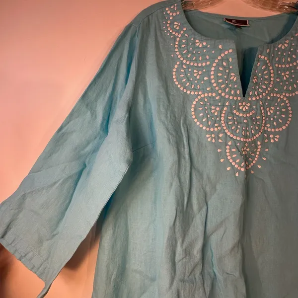JM Collection Blue 100% Linen Beaded Embroidery Tunic Top XL 3/4 Sleeve Boho - Image 8