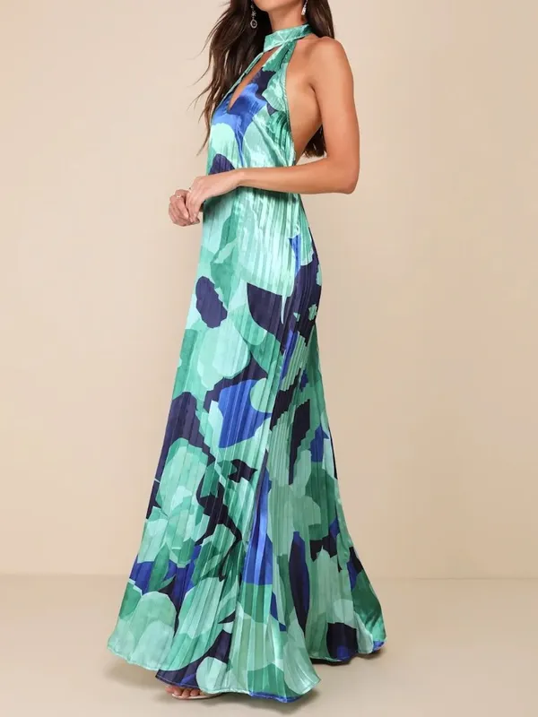 Lulus Prime Poise Green And Blue Abstract Satin Halter Maxi Dress NWT Small - Image 8