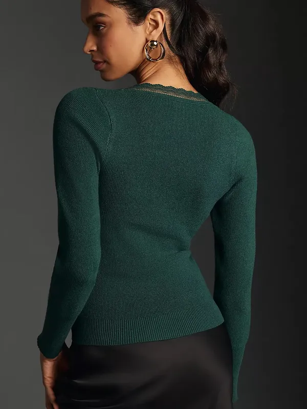 Anthropologie Scallop Lace-Trim Green Long Sleeve Ribbed Sweater Size Small - Image 2