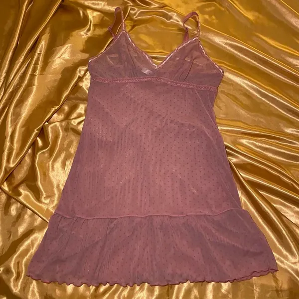 Donna Loren Pink Sheer Polka Dot Mesh Slip Dress w/ Lace Trim - Image 2
