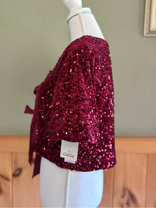 CeCe Cropped Velvet Sequin Short Sleeve Bow Front Top size Medium NWT - Image 3
