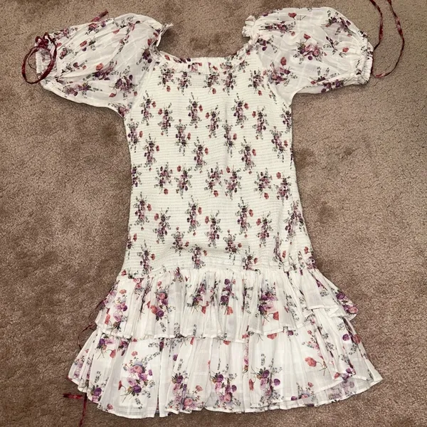 Loveshackfancy x Aerin Floral Lilac Violet Smocked Ruffle Mini Dress - Image 7