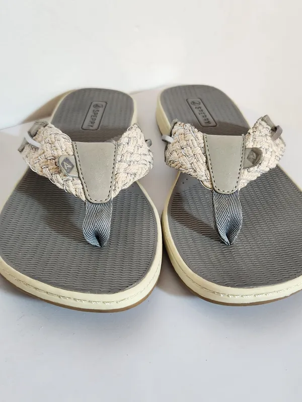 Sperry Parrotfish Gray and Cream Braided Flip Flops Size 9 - Image 3