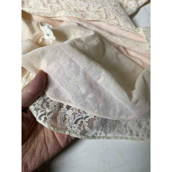 Vintage Lady Irene Lace Ruffle Peignoir Robe L Ivory Pink Ribbon Nylon Nightgown - Image 11