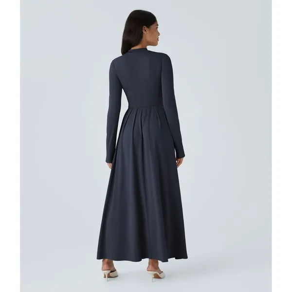HALARA Navy Blue Mock Neck Long Sleeve Pocket Flare Maxi Casual Dress Knit XS - Image 8