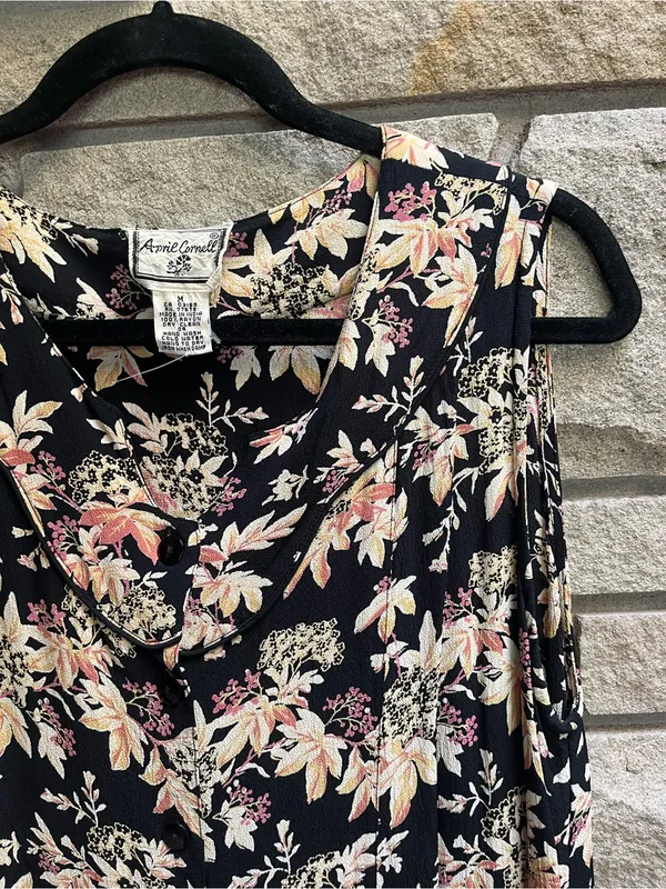 Vintage April Cornell Floral V-Neck Sleeveless Maxi Dress Black/Pink Medium - Image 5