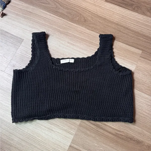 Boho Cropped Black Knit Crop Top Size L - Image 3
