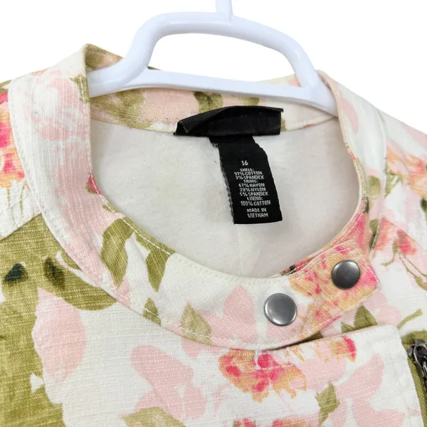 Lane Bryant Floral‎ Moto Jacket Asymmetrical Zip Up Pockets White Pink Size 16 - Image 5