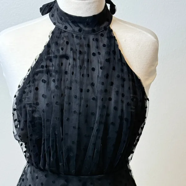 Jacquard Dress Sz 6 Halter Open Back Little Black Goth Evening Party‎ - Image 4