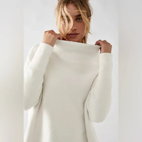 Free People mock neck sweater ribbed Ottoman Slouchy Tunic ecru loose parke - Image 11