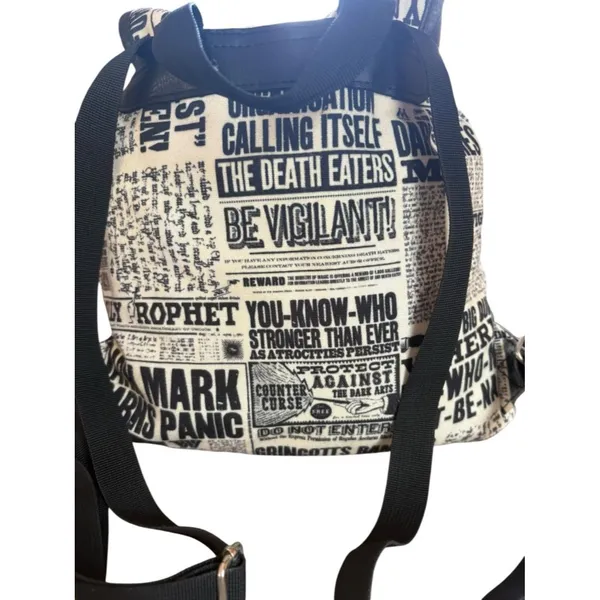 Black & White Newspaper Print Drawstring Backpack - Image 3