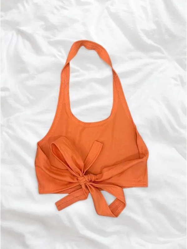 Orange Halter Tie Back Crop Top - Image 2