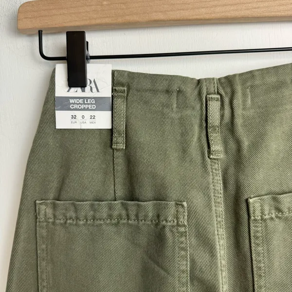 NWT ZARA Wide Leg Cropped Jean Pants Sz 0 Army Olive Green High Rise - Image 9