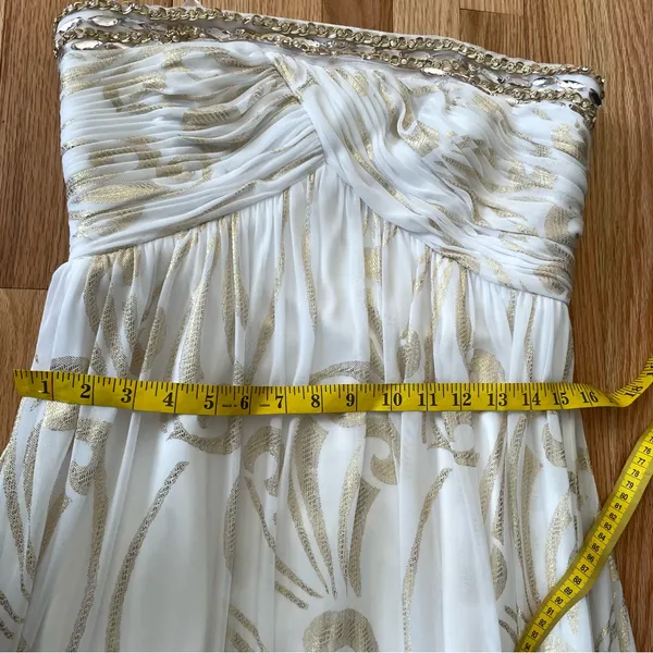 Ethereal Grecian Strapless Maxi Dress Womens 12 White Gold Beaded Formal Gown - Image 7
