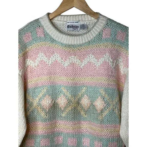 Exclusive Imports Sweater Medium Pastel Pink Blue Fair Isle Hand Knitted Vintage - Image 2