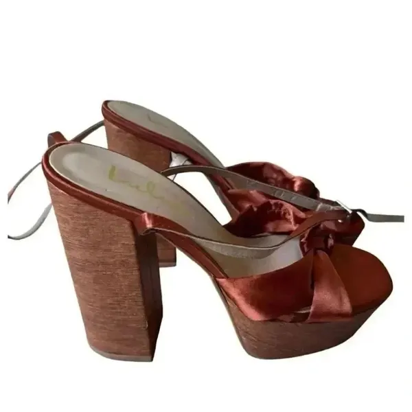 Lulu’s Lucianto Copper Satin Ankle Strap Wooden Platform Sandals SZ 6 - Image 5
