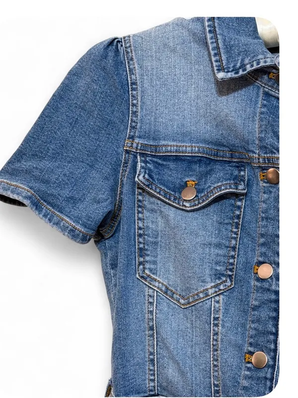 Avec Les Filles Women’s Blue Denim Short-Sleeve Tie-Waist Jumpsuit Size 30 - Image 9