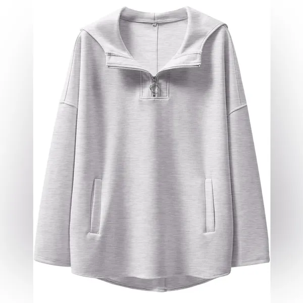 Gray oversized modern sporty chic simple travel hoodie 1/4 zipper pockets NWT M - Image 4