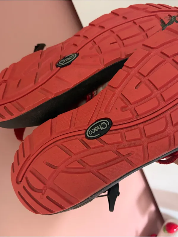 Chacos Red Patterned Strap Sandals with Brown Footbed - Image 3