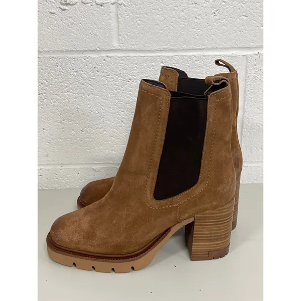 Vintage Foundry Co. Sz 8 Cognac Penelope Suede Leather Block Heel Chelsea Boots - Image 6
