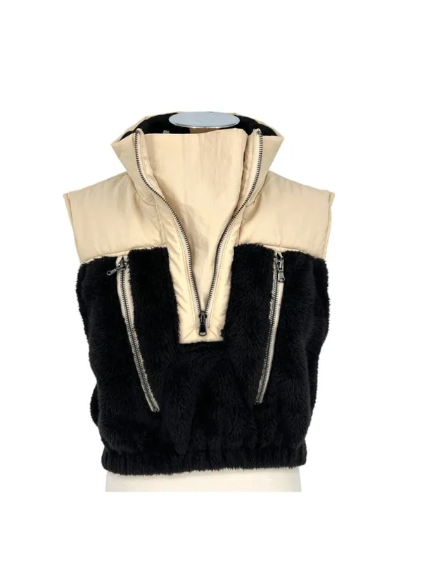 Hyfve Two-Tone Sherpa Fleece Nylon Vest Half Zipper Black Cream Size Small NWT - Image 2