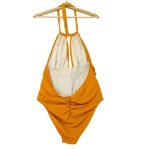 Cupshe Mustard Yellow Striped Halter One Piece Swimsuit XL AB31084M‎ NEW - Image 2