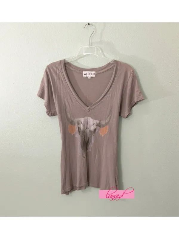Wildfox Hippie V-Neck Skull Feathers Skeleton Short Sleeve A-Line Edgy T-Shirt S - Image 2