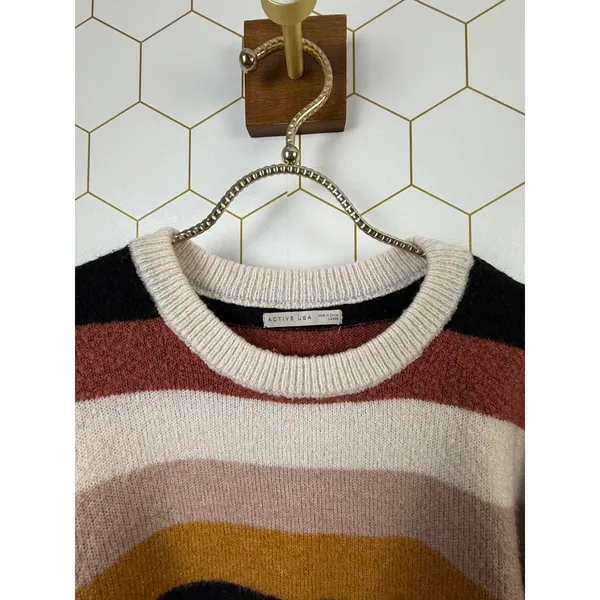 Active USA Tan Color Block Striped Knit Boxy Fit Sweater - Size - Large - Image 4
