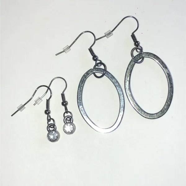 Dark Metal Oval Drop Earrings Set with Crystal Accent Drop Earrings - Image 4