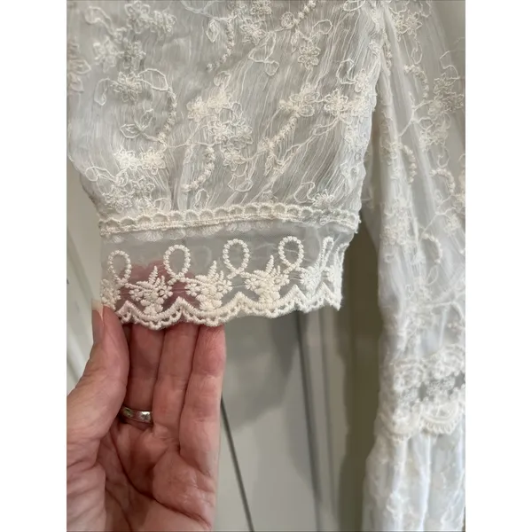 Womens White Lace Overlay Midi Dress Size Small Puff Sleeve Cottagecore Coquette - Image 3
