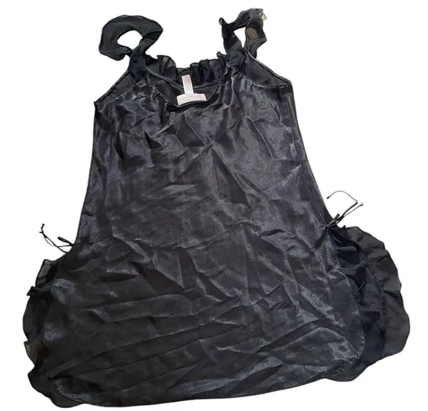 Oscar de la Renta Y2K Black Silky Satin Goth Glam Chiffon Ruffle Mini Slip Dress - Image 3