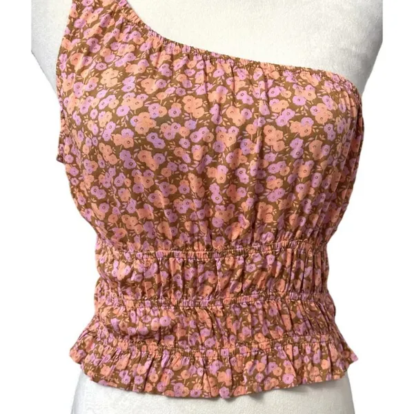 BP Allison One Shoulder Crop Top Floral Pattern Shirred Waist Pink W Small NWOT - Image 4