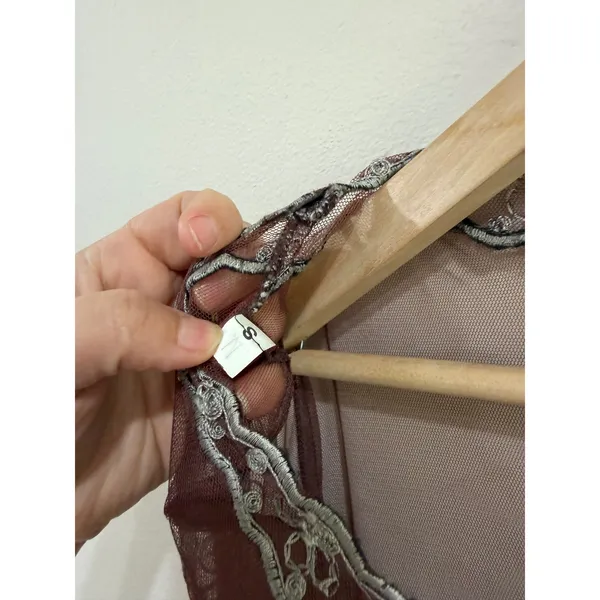 Vintage Style Sheer Mesh Embroidered Lace Trim Dress Brown Silver Size S - Image 7