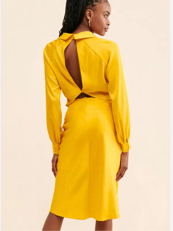 NWT Rare London Anthropologie Textured Golden Yellow Satin Tie-Front Dress - Image 2