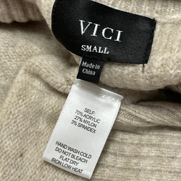 Vici Women's Beige Long Sleeve Tie Waist Knit Mock Neck Mini Sweater Dress S - Image 4