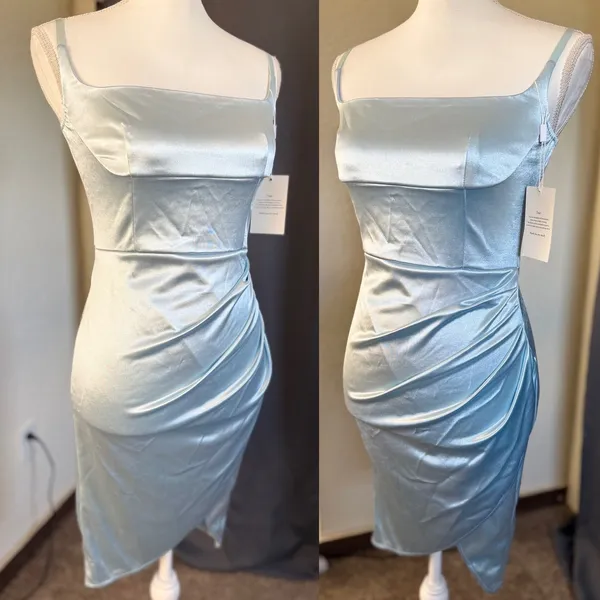Linjou Light Blue Satin Ruched Bodycon Dress Square Neck Tulip‎ Hem NWT Size Med - Image 3