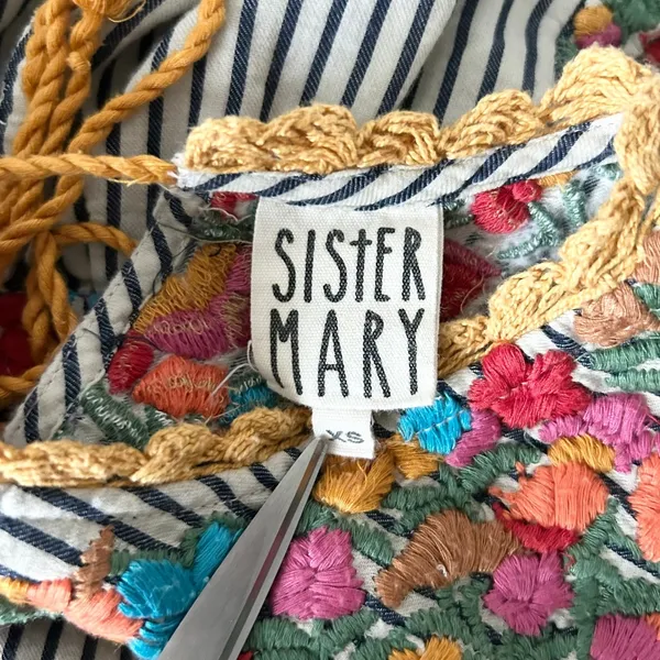 Sister Mary Stripe Marylou Embroidered Floral Boho Mini Dress Navy Blue XS - Image 5