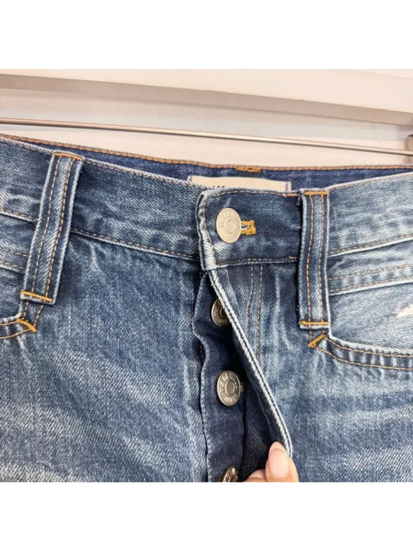Madewell Skirt Size 26 Blue Button Fly‎ Distressed Raw Hem A Line Mini Y2K Retro - Image 5