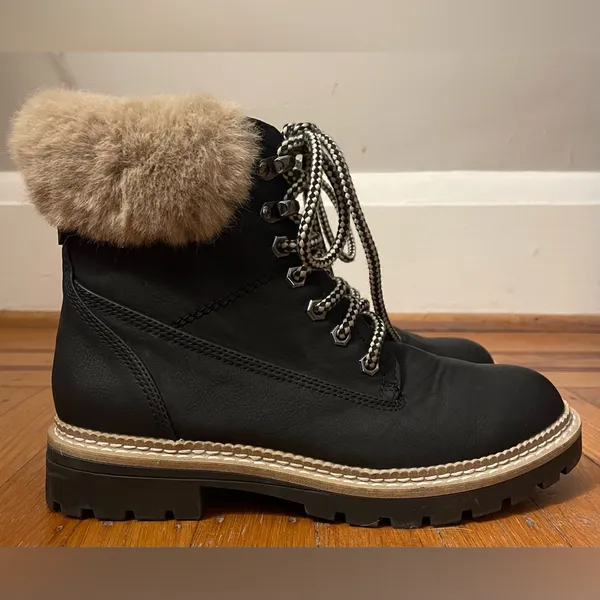 Steve Madden Black and Cream Combat Style Boots with Faux Fur - Image 4