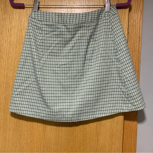 John Galt Brandy Melville Green Plaid Mini Skirt Wrap with Buckle - Image 2